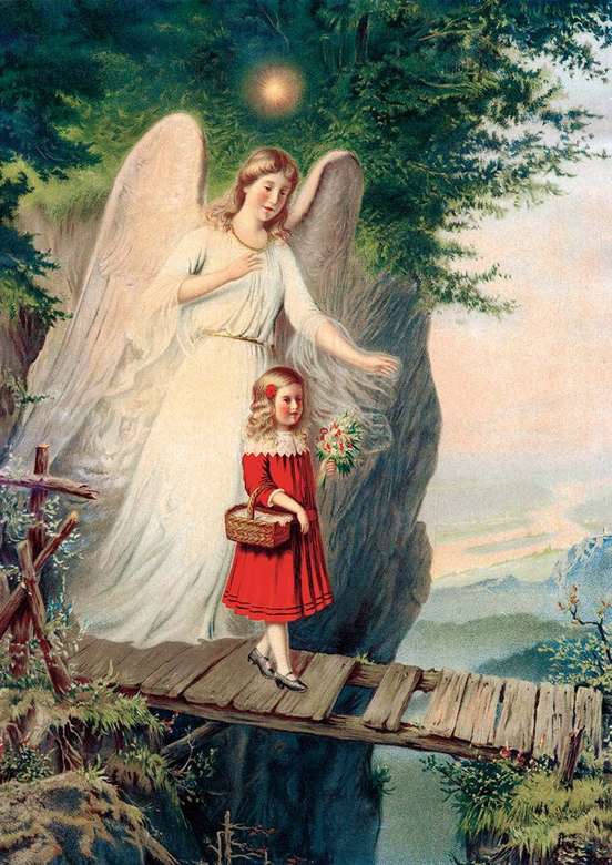 Obraz anioła stróża z dzieckiem na promenadzie puzzle online