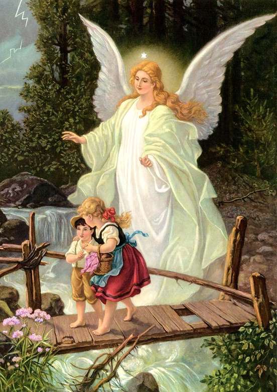 Obraz anioła stróża z dziećmi na promenadzie puzzle online