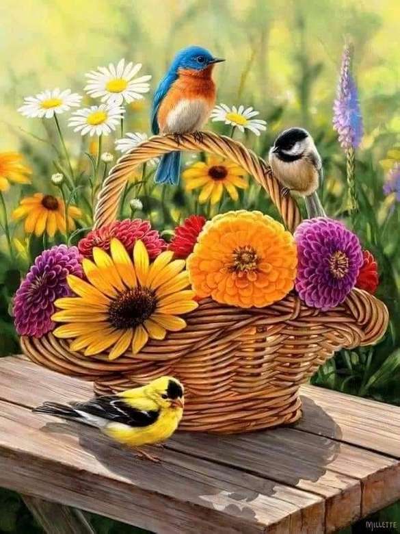 kosz kwiatów i kolorowych ptaków puzzle online