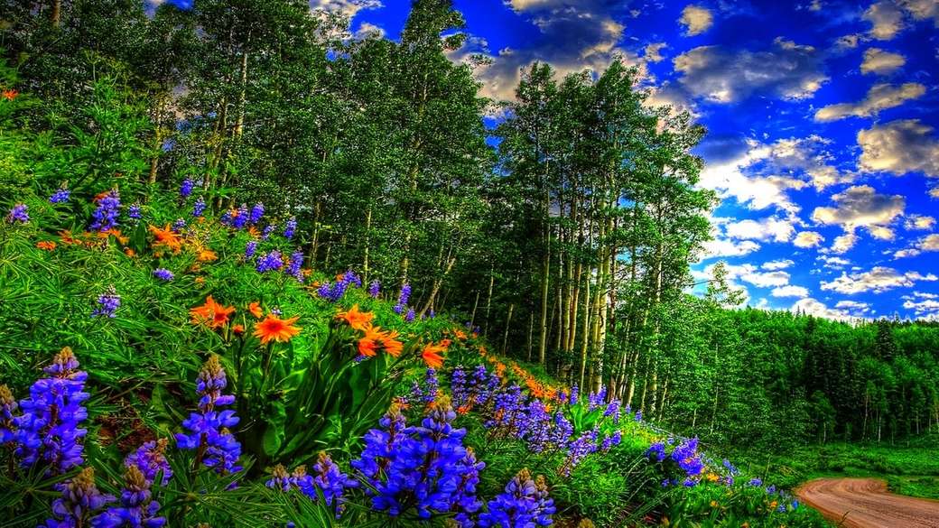 Kwiaty przy lesie i na poboczu drogi puzzle online