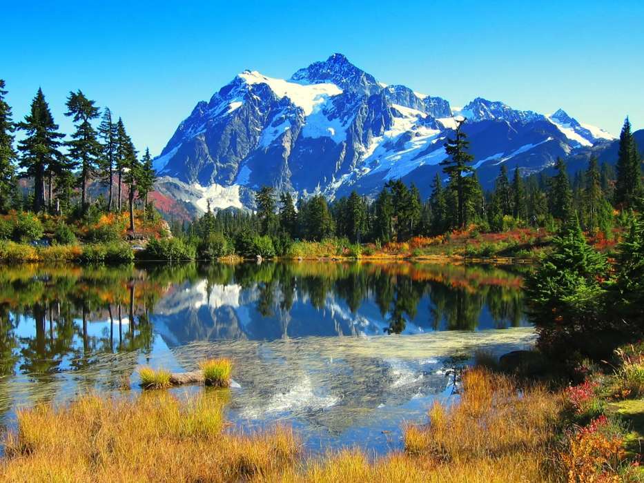 Piękny krajobraz z jeziorem i górami puzzle online
