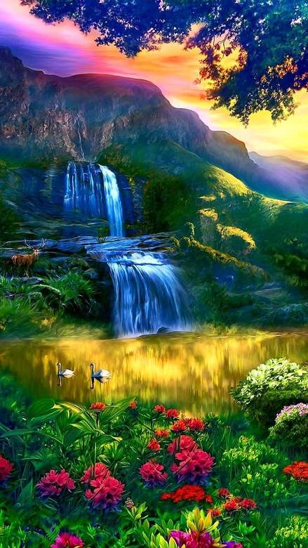 Kolorowy krajobraz z górami kwiatów wodospadu puzzle online
