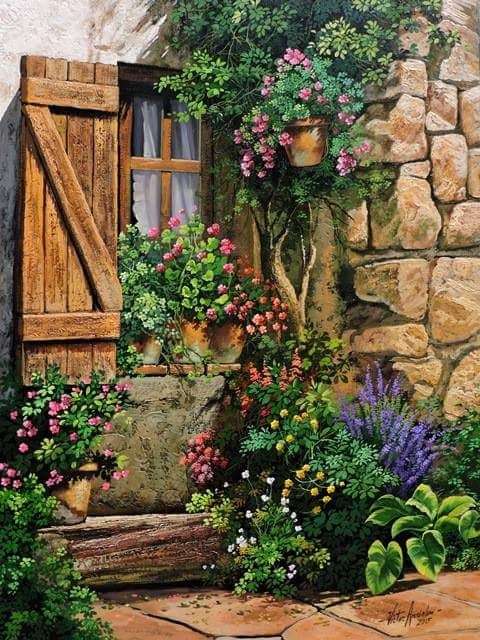 Malowanie frontu domu kwiatami i roślinami puzzle online