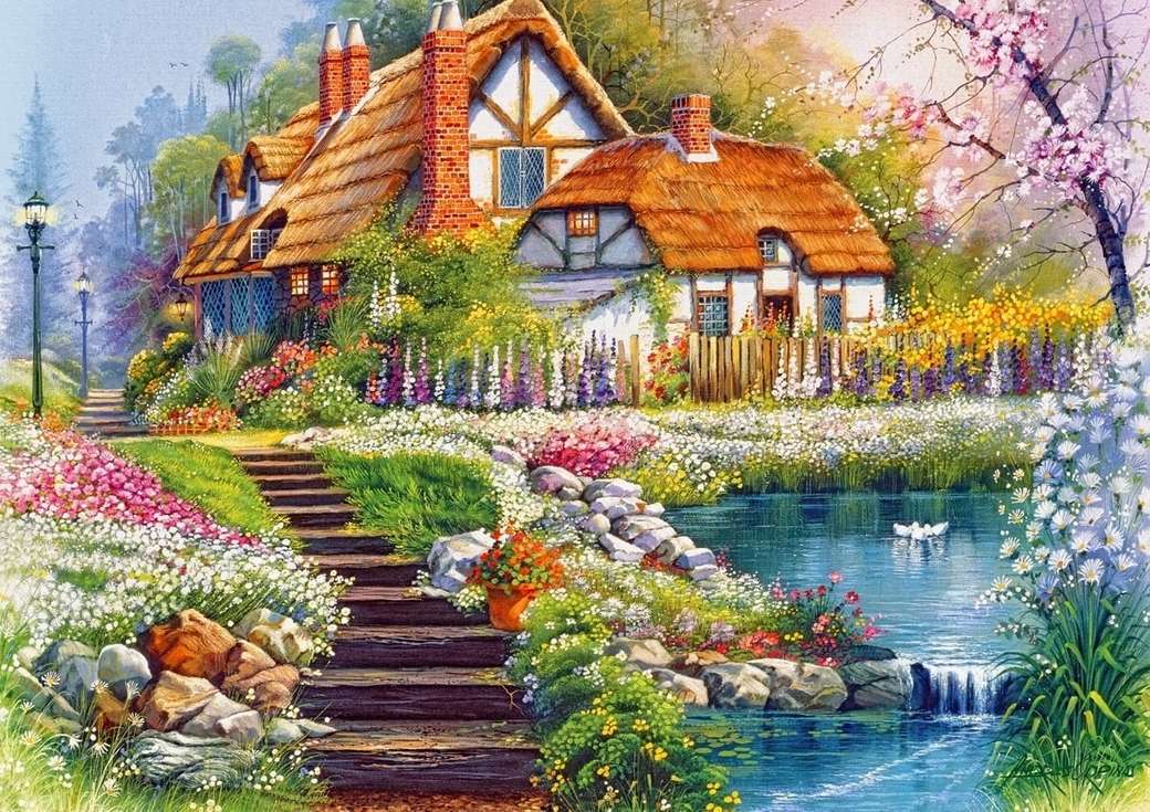Piękny domek nad stawem w barwnym otoczeniu roślin puzzle online