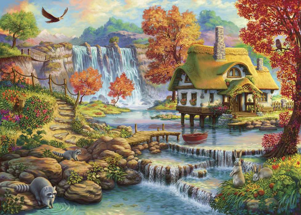 Dom na wodzie nad wielkim  wodospadem puzzle online
