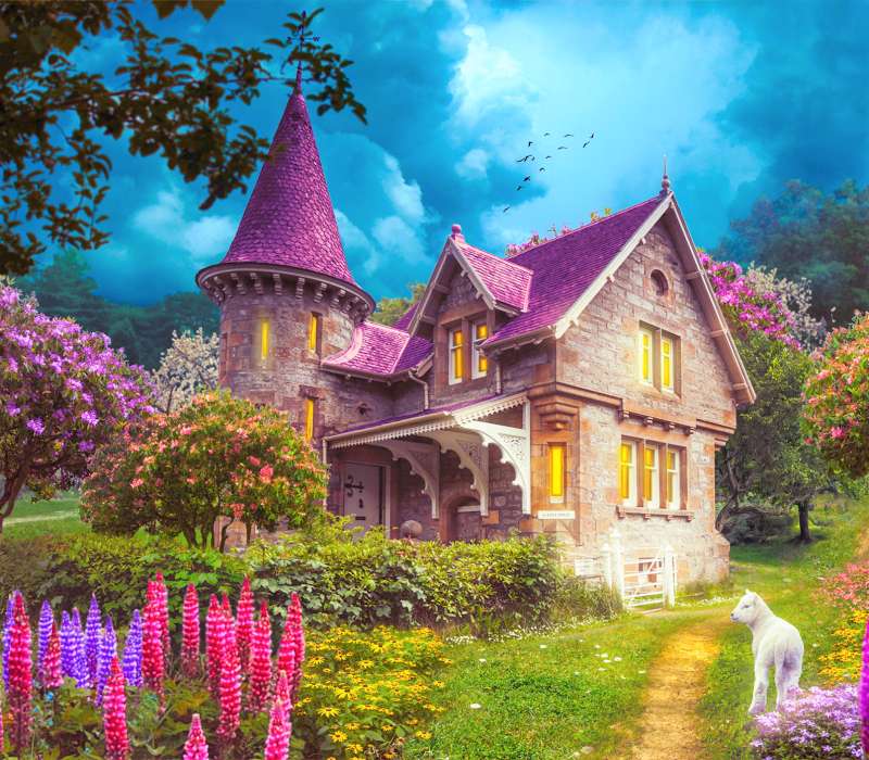 Casa colorida no jardim quebra-cabeça