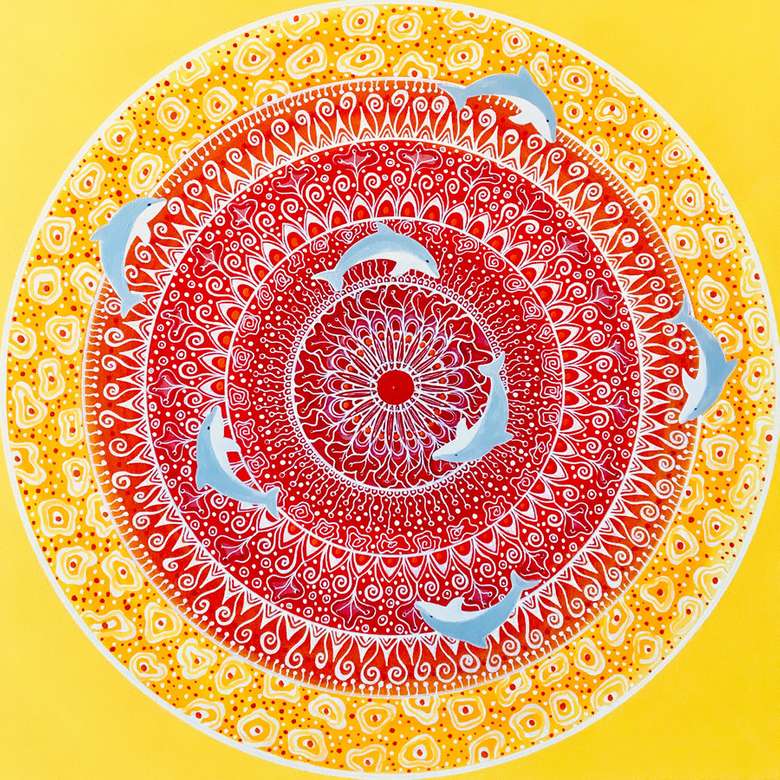 Mandala w kolorze żółtej czerwieni i delfinów puzzle online