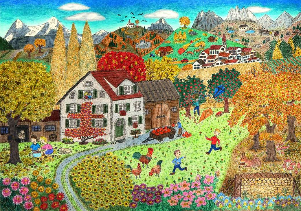 Malowanie naiwne pejzażu z dziećmi z wioski puzzle online
