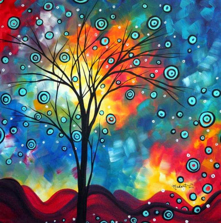 Wyobraź sobie wzgórze drzewa i kolorowe niebo puzzle online