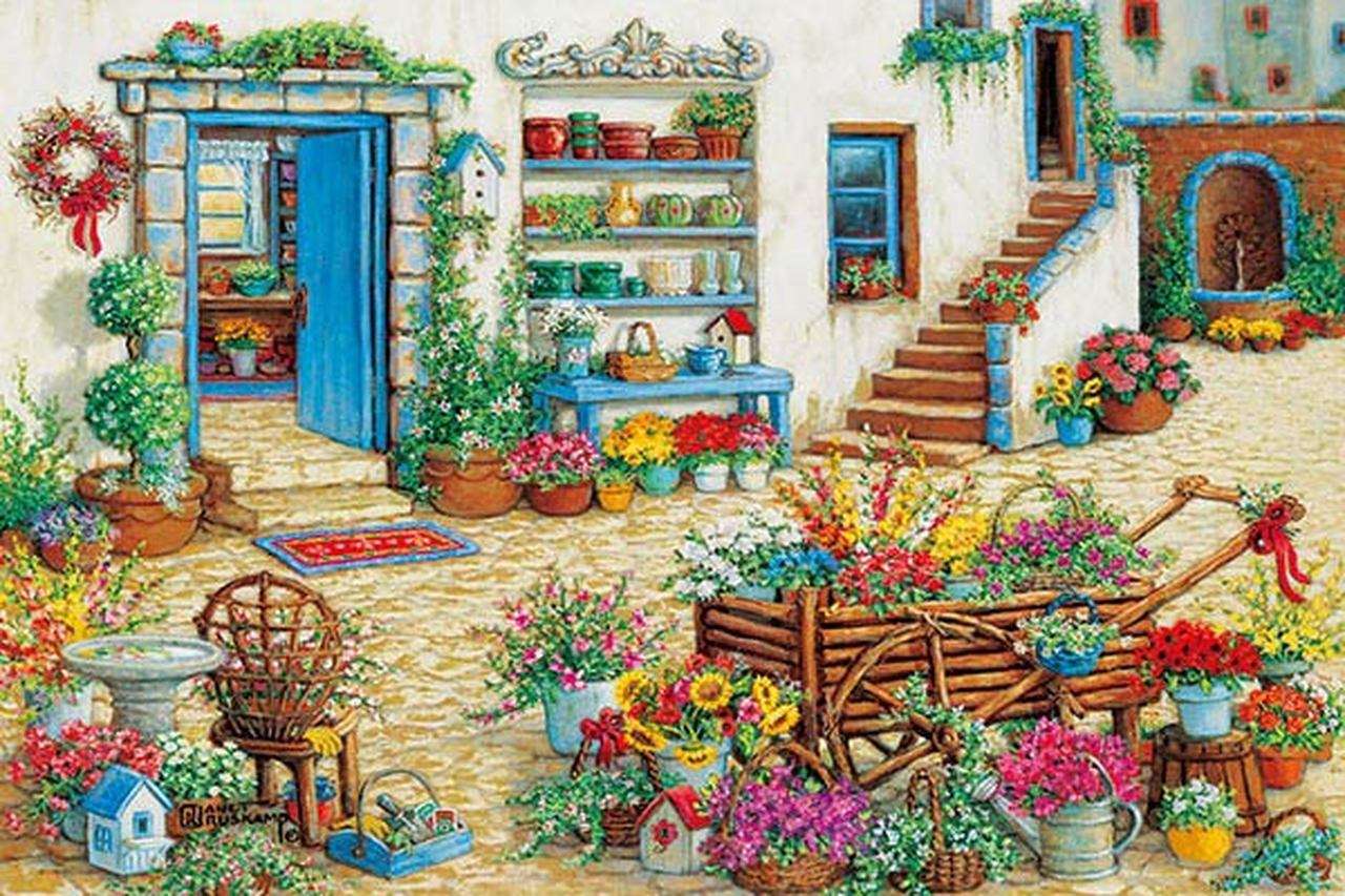 obraz oejny- dekoraje kwiatowe przd domem puzzle online