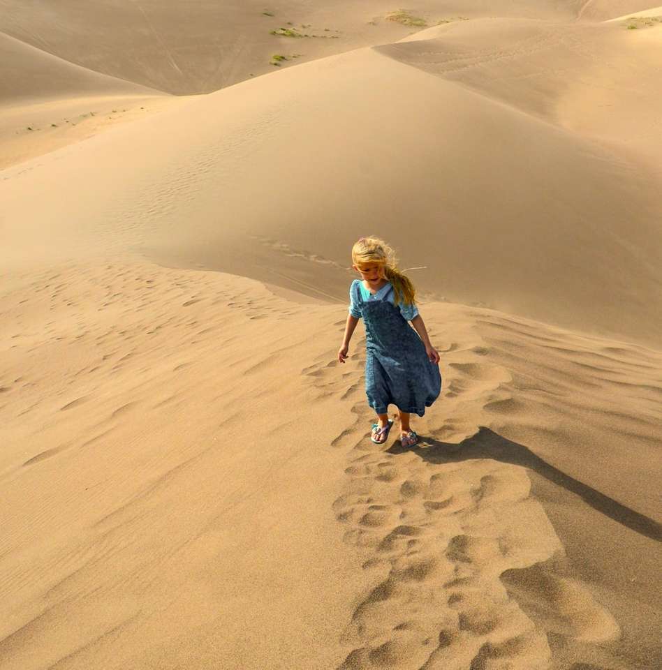 dziewczyna w niebieskiej kurtce chodzenia po piasku w ciągu dnia puzzle online