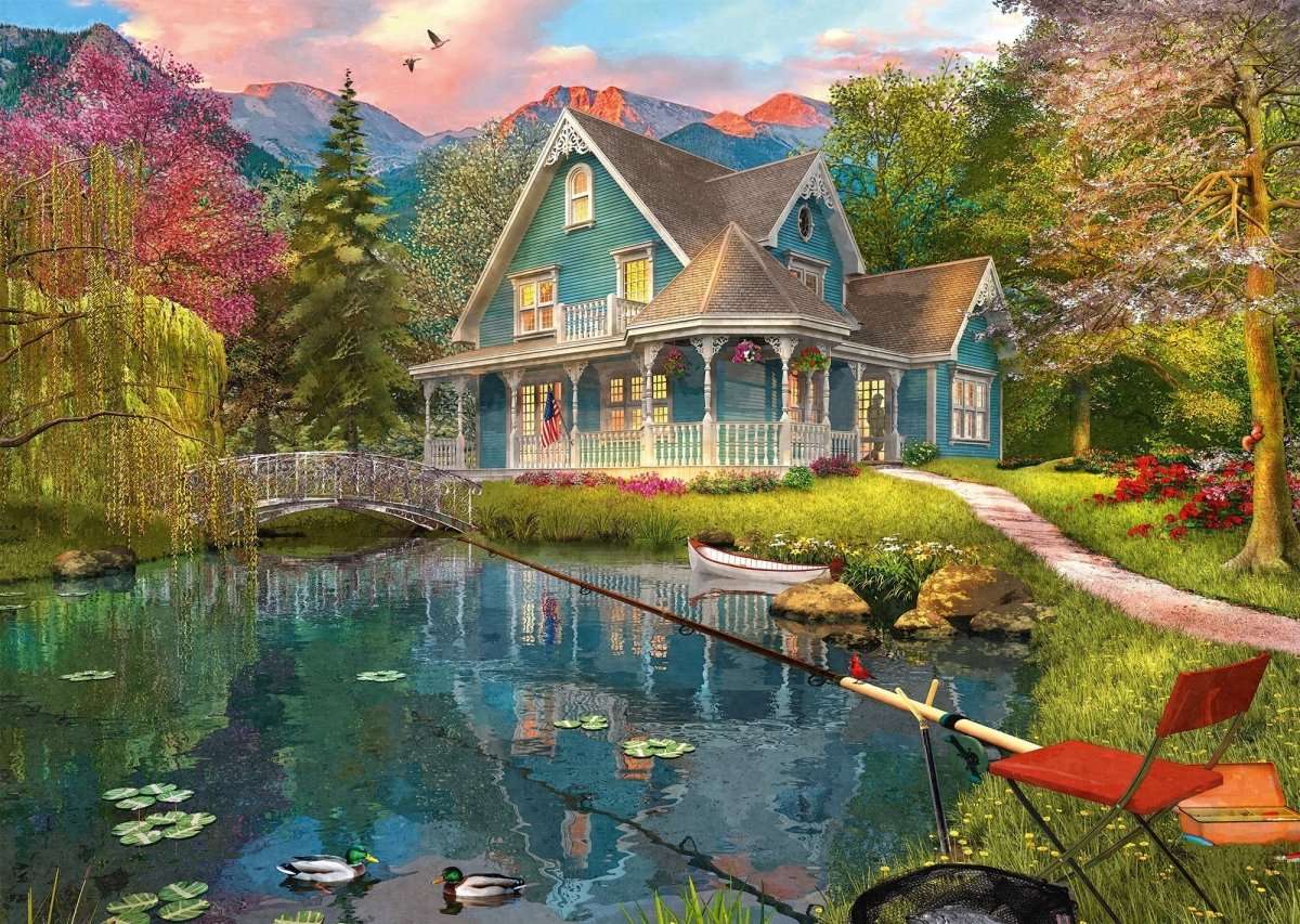 dom w górach przy jeziorze puzzle online