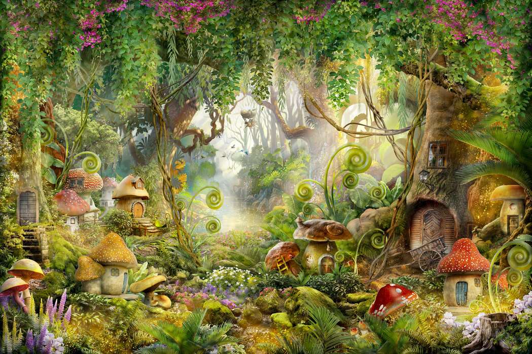 Foresta da favola con molte case di funghi puzzle