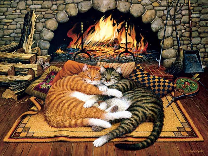 kotki śpiące przy kominku puzzle online