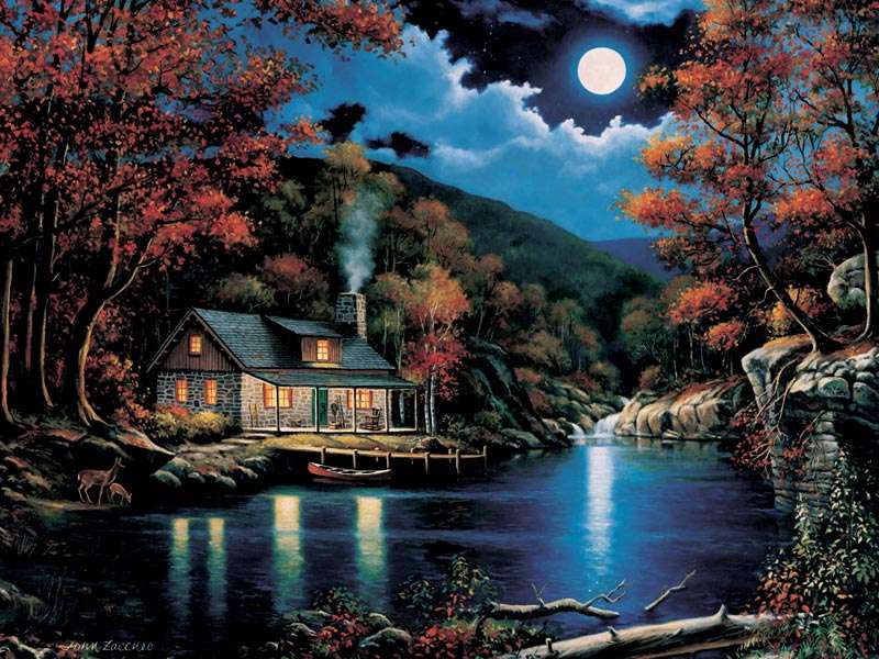 dom nad rzeką wieczorem puzzle online