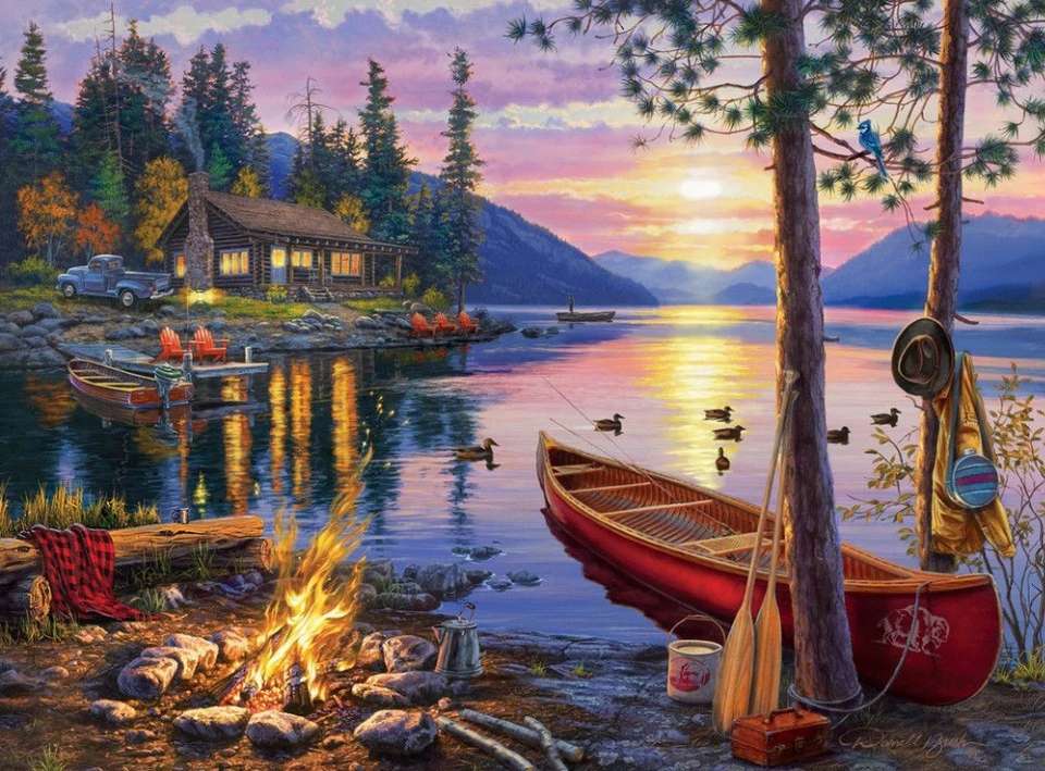 nad jeziorem- dom, łódź, ognisko puzzle online