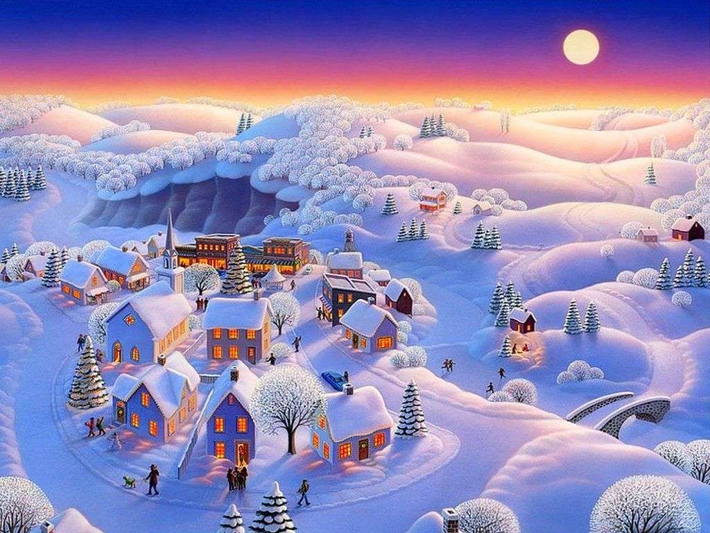 Zimowy krajobraz z wioską puzzle online