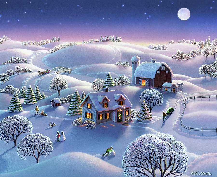 Zimowy krajobraz z gospodarstwem rolnym puzzle online