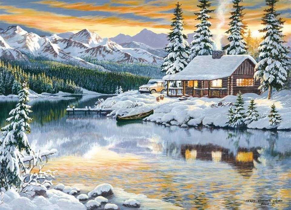 Dom nad jeziorem w zimowym krajobrazie puzzle online