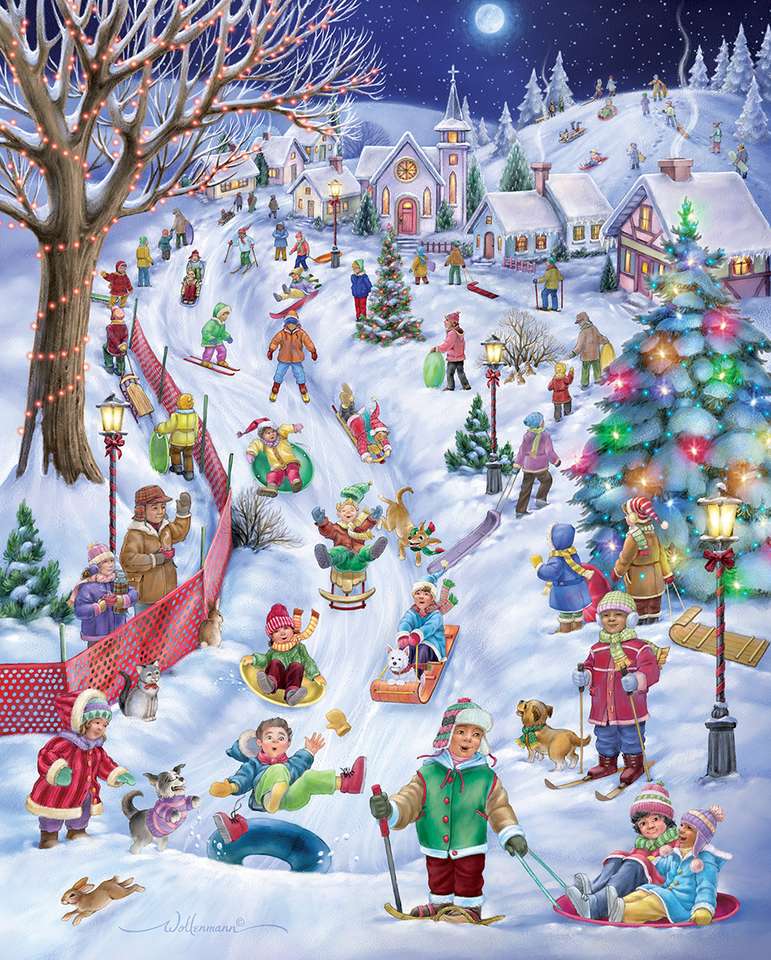 Wioska na Boże Narodzenie Dzieci bawią się na śniegu puzzle online