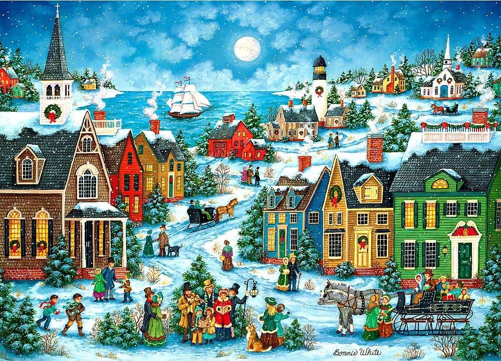 Miasto na Boże Narodzenie nad morzem puzzle online