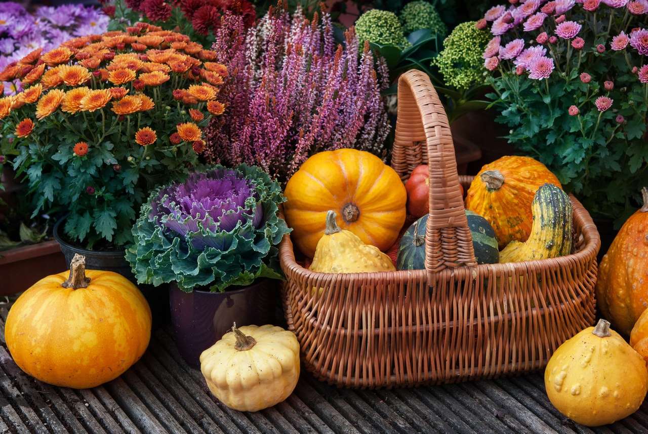 Jesienna dekoracja z dyniami i roślinami puzzle online