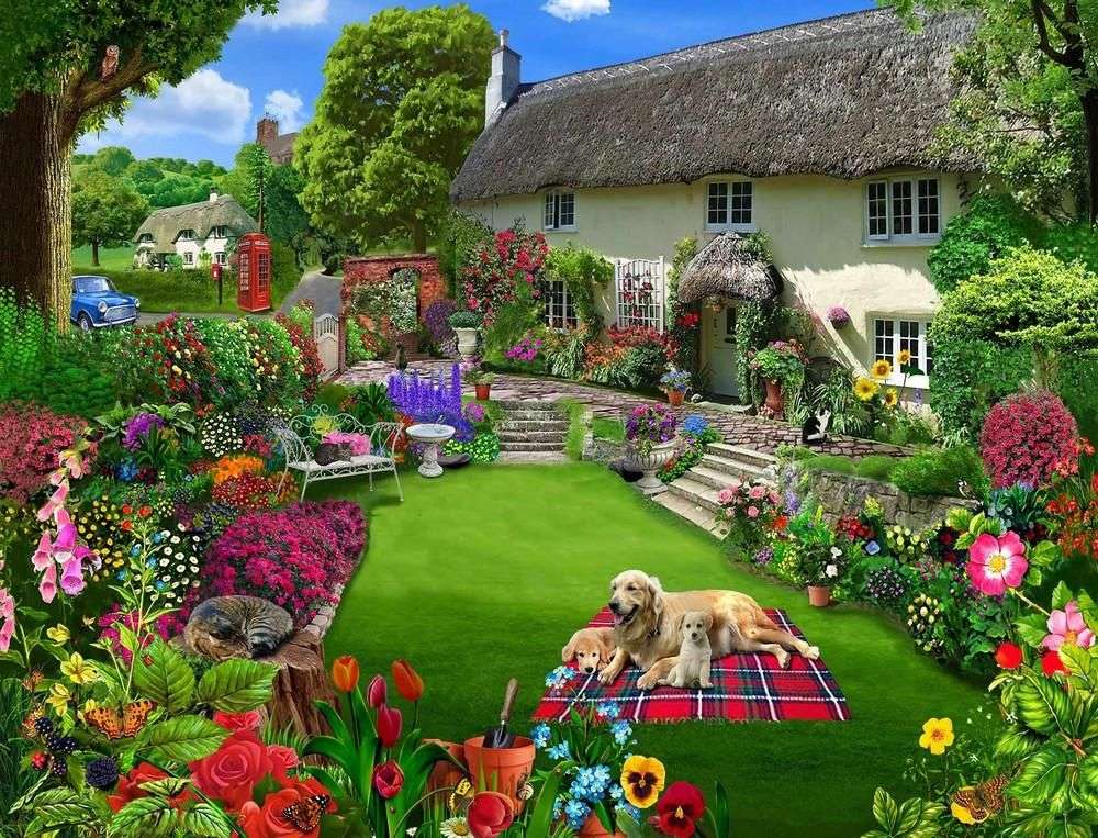 Dům se zahradou a psy skládačka