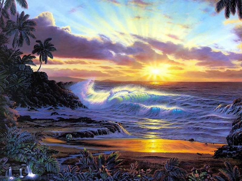 fale na morzu, wschód słońca puzzle online