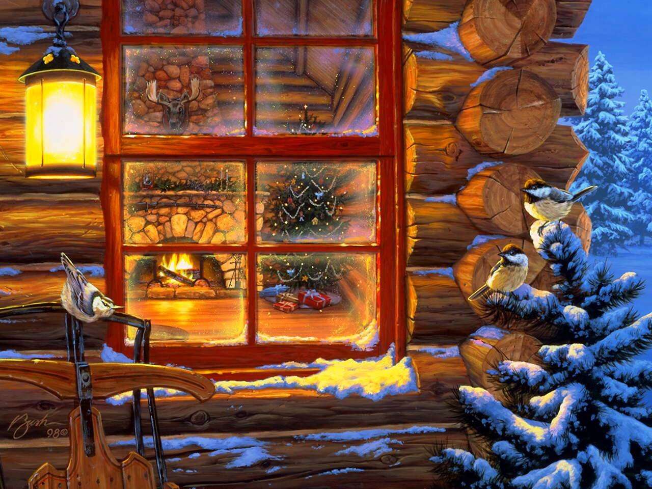 Malowanie Świąt Bożego Narodzenia w chatce puzzle online