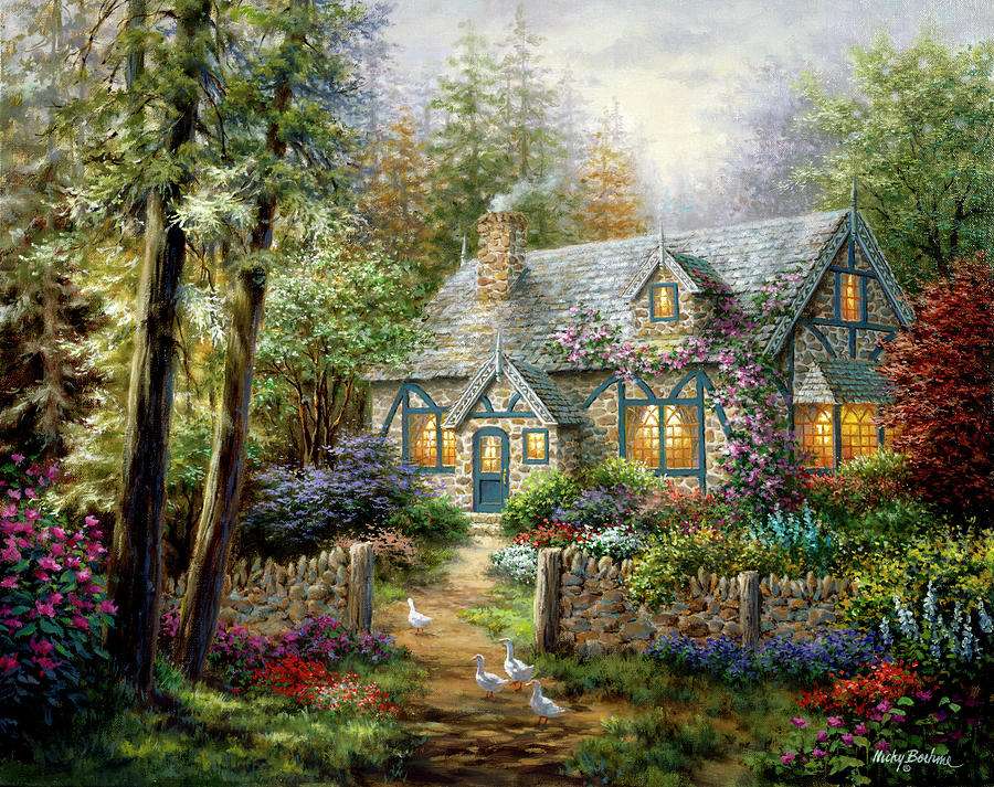 Malowanie domu w lesie z ogrodem puzzle online