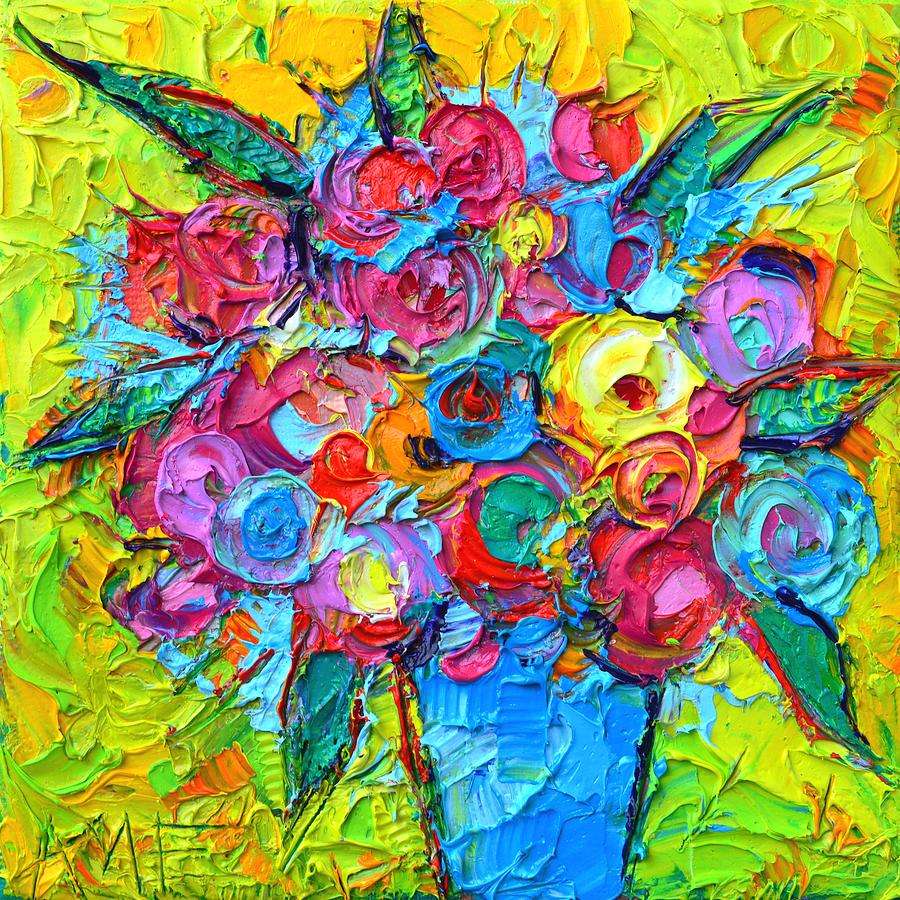 Malowanie wazonu na niebiesko z kolorowymi kwiatami puzzle online
