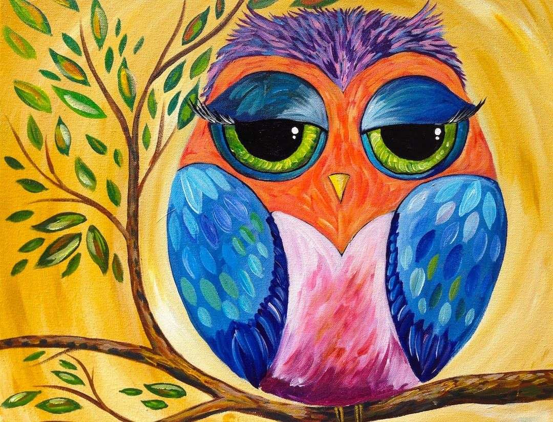 Rysowanie kolorowej sowy na gałęzi puzzle online