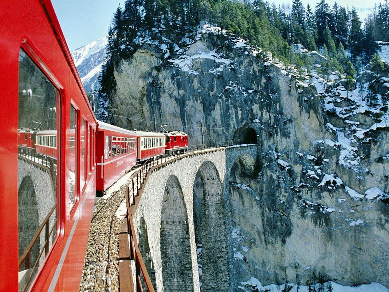 pociąg Bernina Express przez Alpy puzzle online