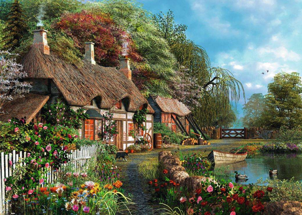 dom pod strzechą przy jeziorze puzzle online