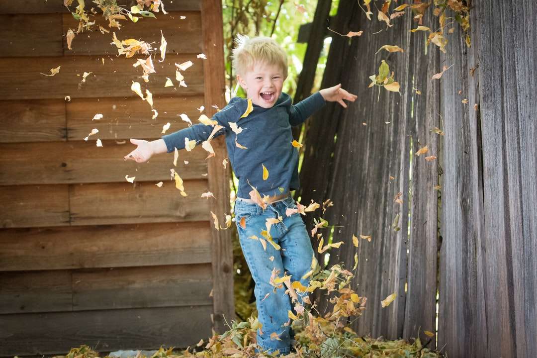 zdjęcie chłopca w pobliżu ogrodzenia z opadającymi liśćmi puzzle online