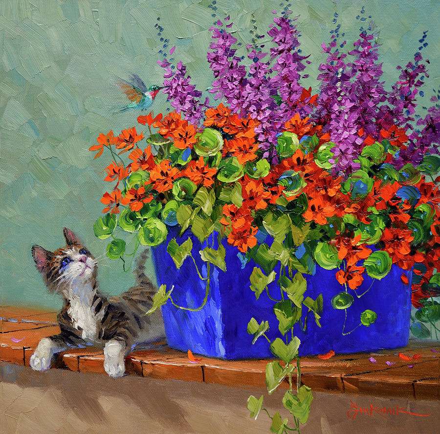 Malowanie skrzynki na kwiaty z młodym kotem puzzle online