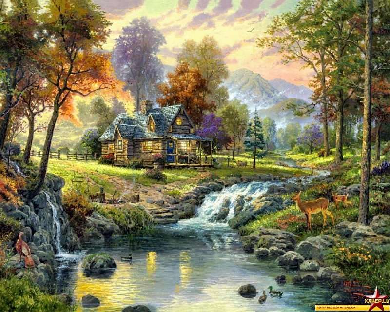wooden house by the river with a waterfall jigsaw puzzle