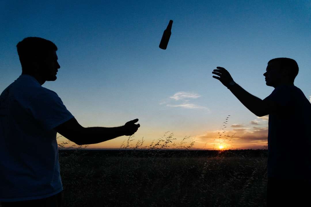 zdjęcie sylwetki dwóch mężczyzn rzucanie butelką w ciągu dnia puzzle online