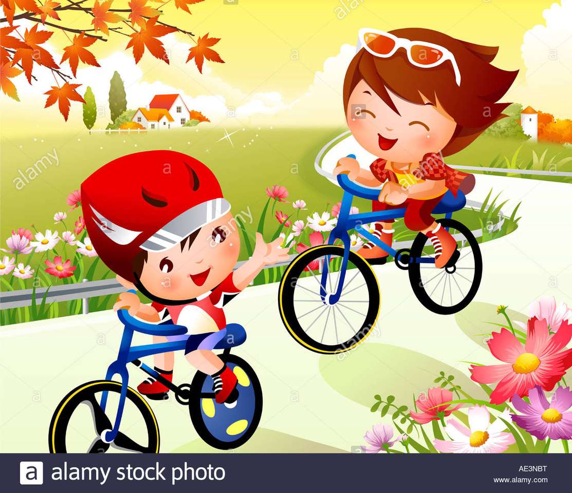 Dzieci jeżdżą na rowerze oorabi nauczycielem puzzle online