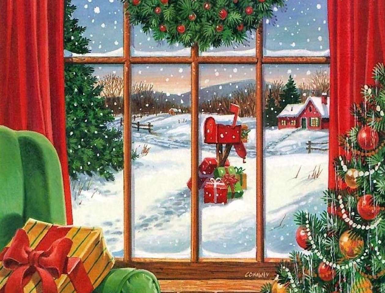 Śnieg I Prezenty Świąteczne Za Oknem puzzle online