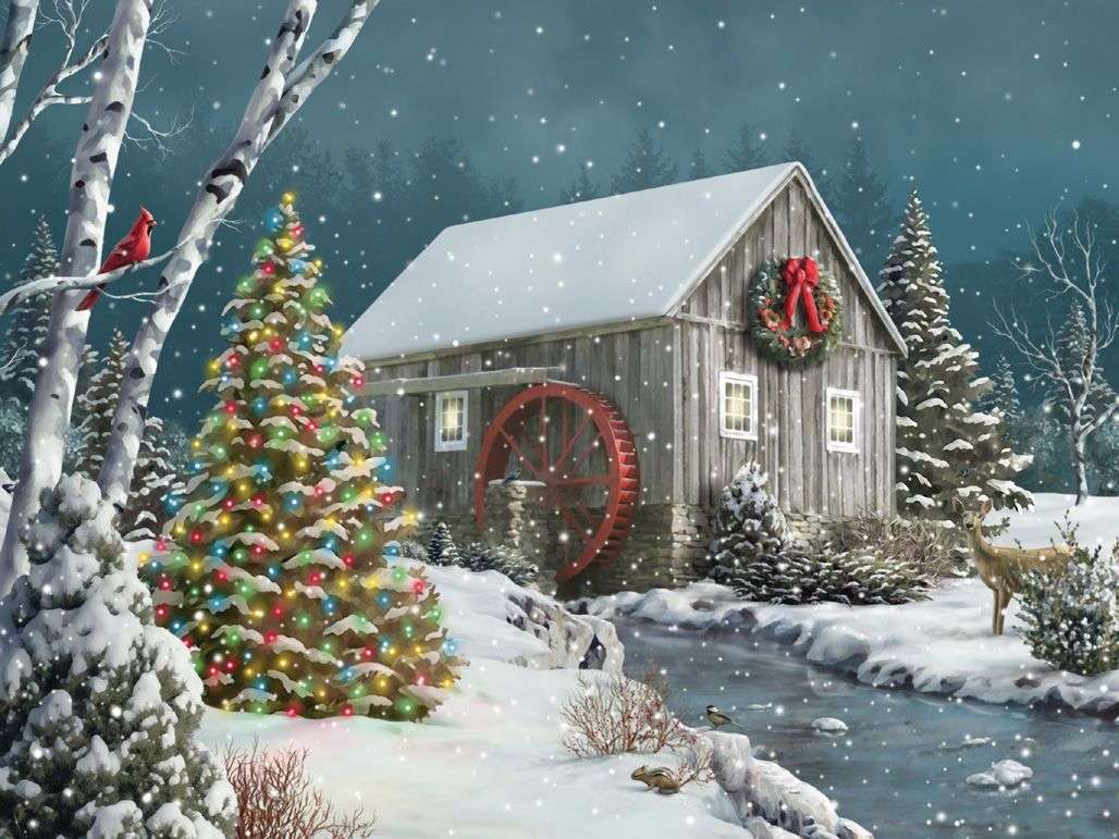 Malowanie Świąt Bożego Narodzenia w zimowy krajobraz puzzle online