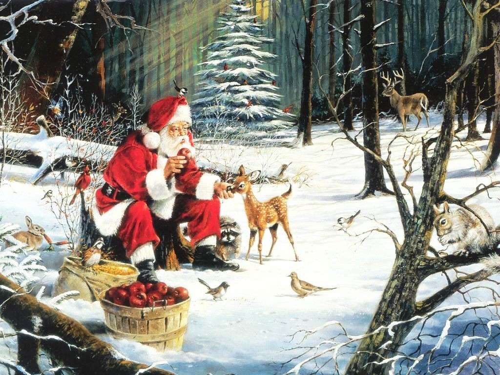„Święty Mikołaj ze zwierzętami leśnymi” puzzle online