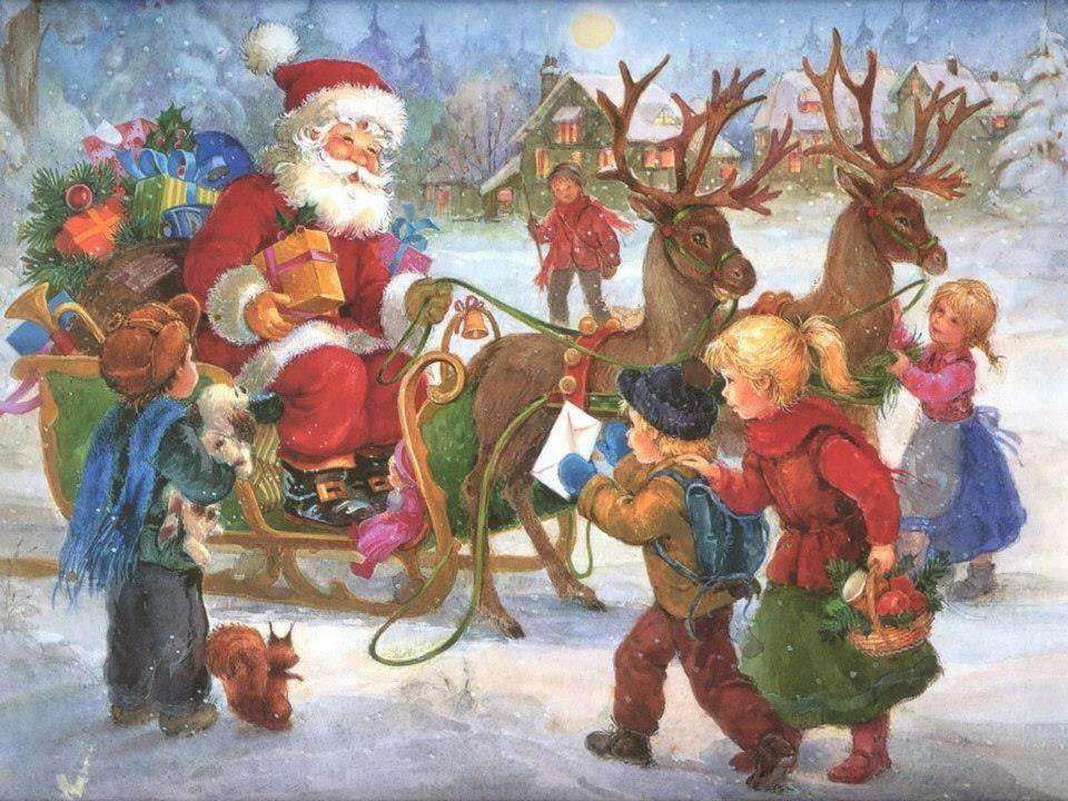 „Święty Mikołaj daje prezenty dzieciom” puzzle online