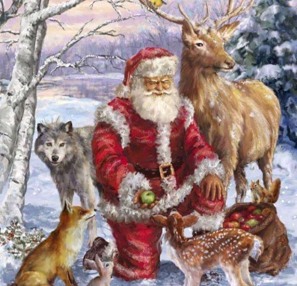 Santa Claus distributes apples to animals