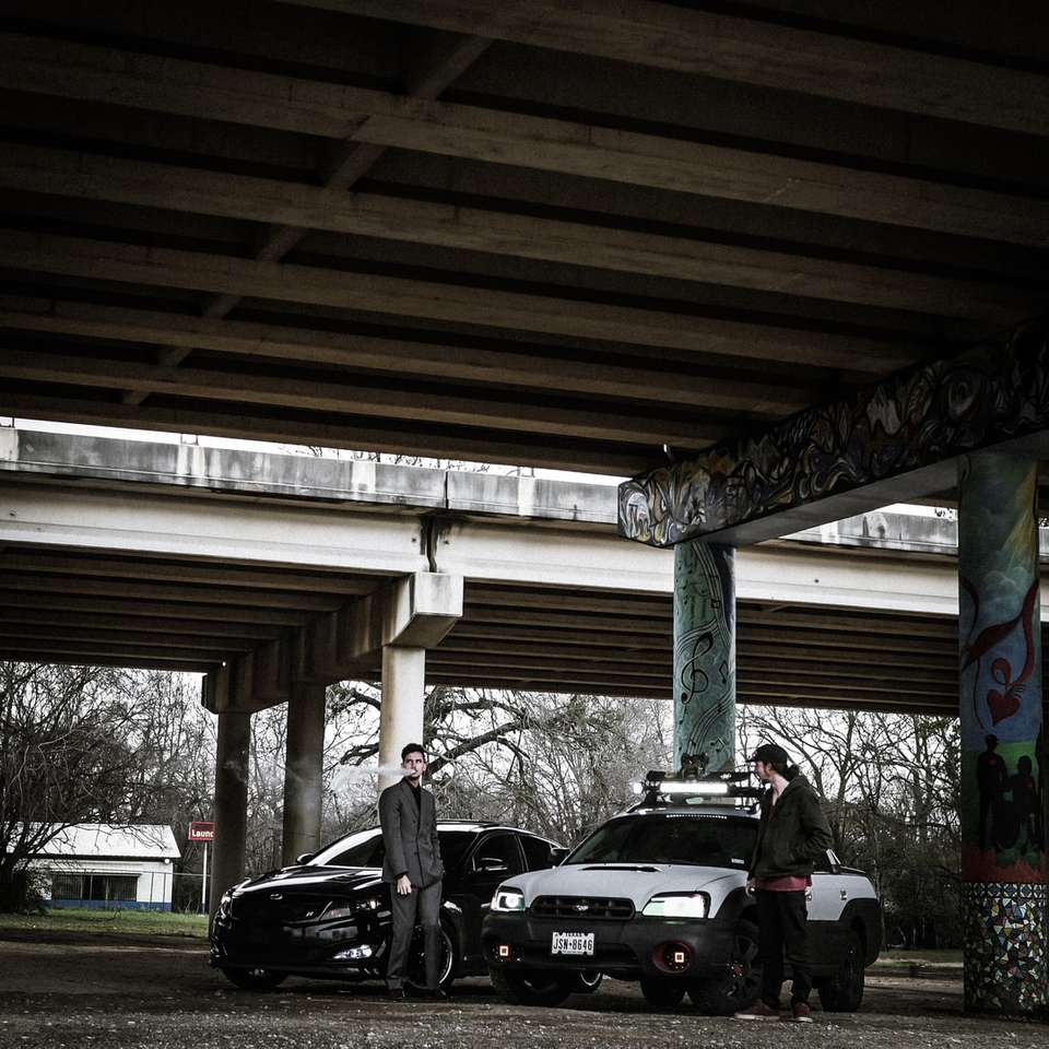 dwóch mężczyzn stojących w pobliżu samochodów puzzle online