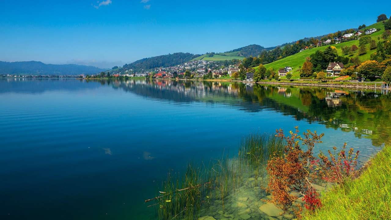 Widok Oberägeri z jeziora Ęgeri, Szwajcaria puzzle online