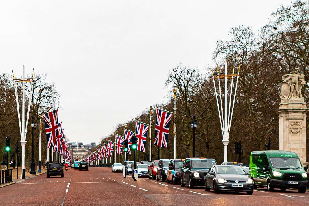 samochody zaparkowane na poboczu drogi z flagami na boku puzzle online