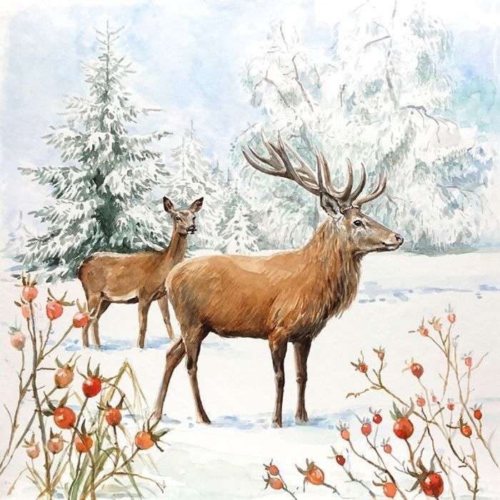 jeleń, sarna zimą-serwetki puzzle online