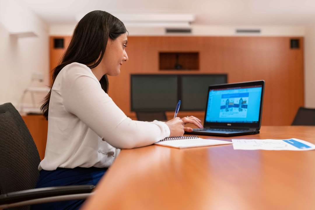 kobieta w białej koszuli z długim rękawem za pomocą czarnego laptopa puzzle online