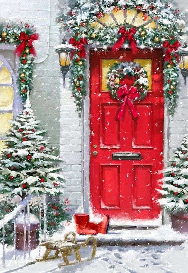 Malowanie wejścia udekorowane na Boże Narodzenie puzzle online